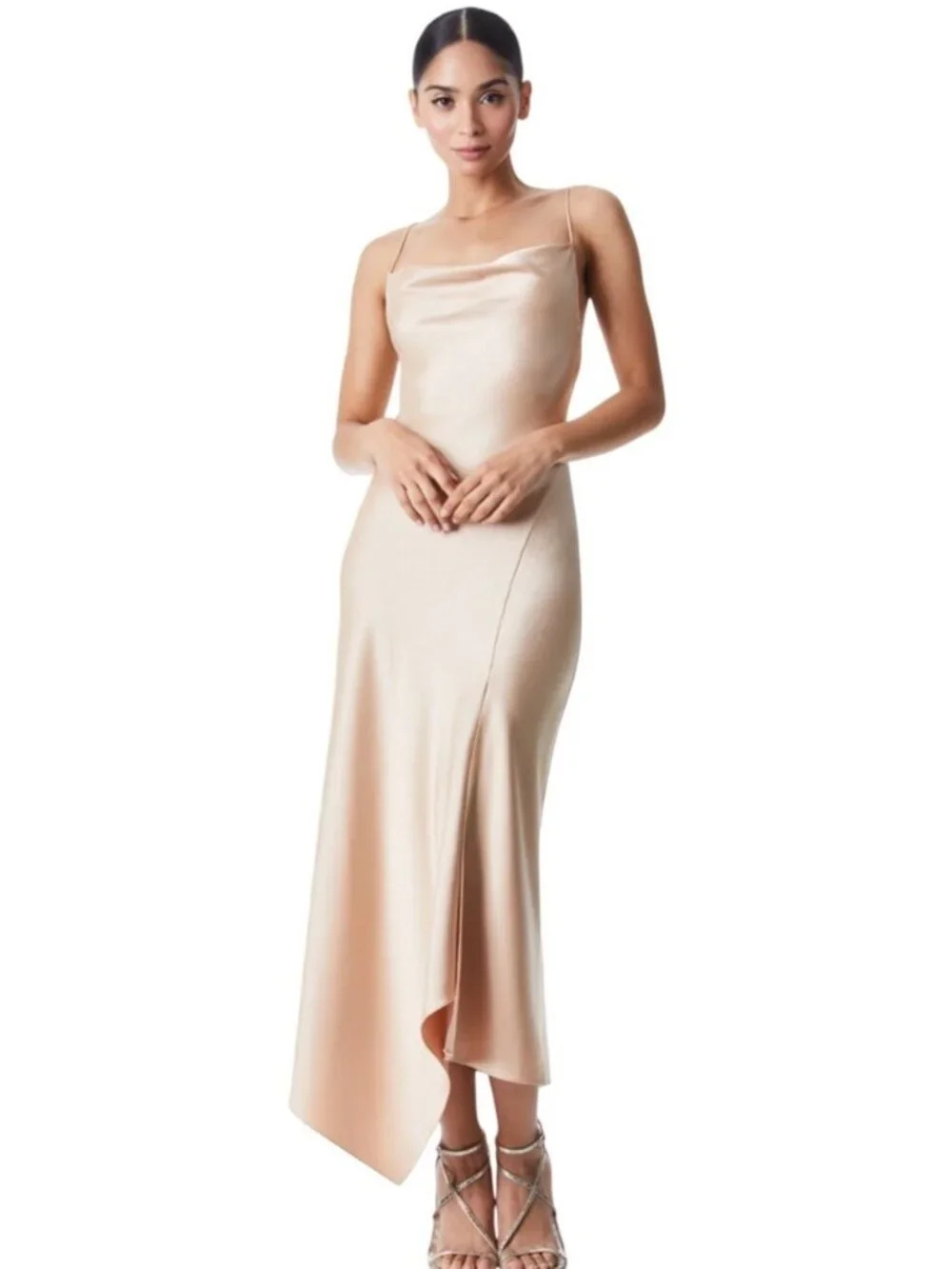 Alice + Olivia Harmony Drapey Slip Midi Dress Almond Size 0 New With Tags